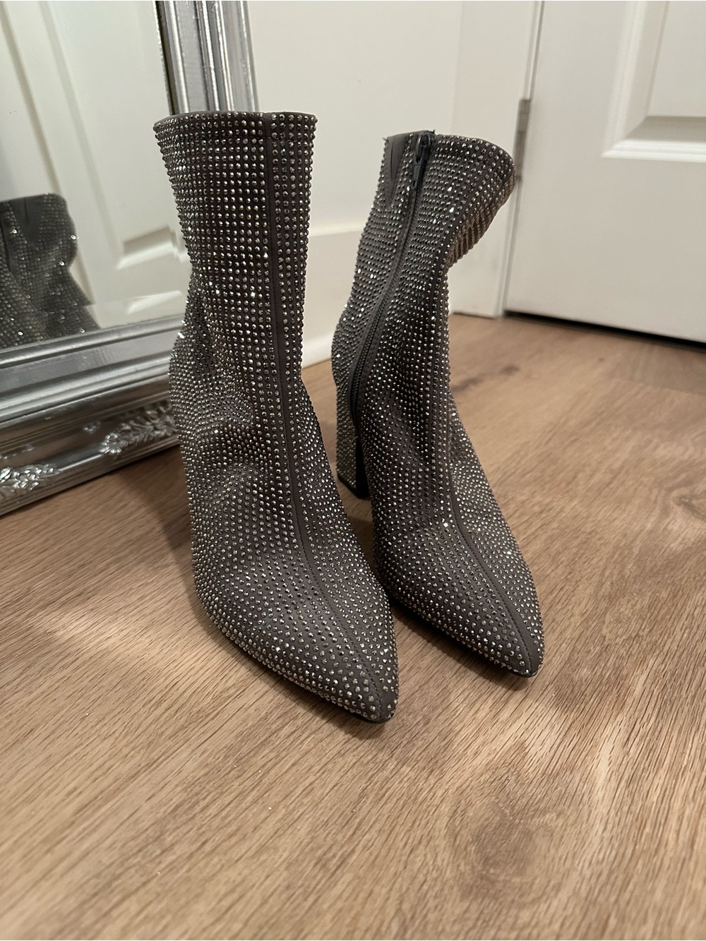 a new day silver Rhinestone Pointed Toe Heeled Ankle Boots W6